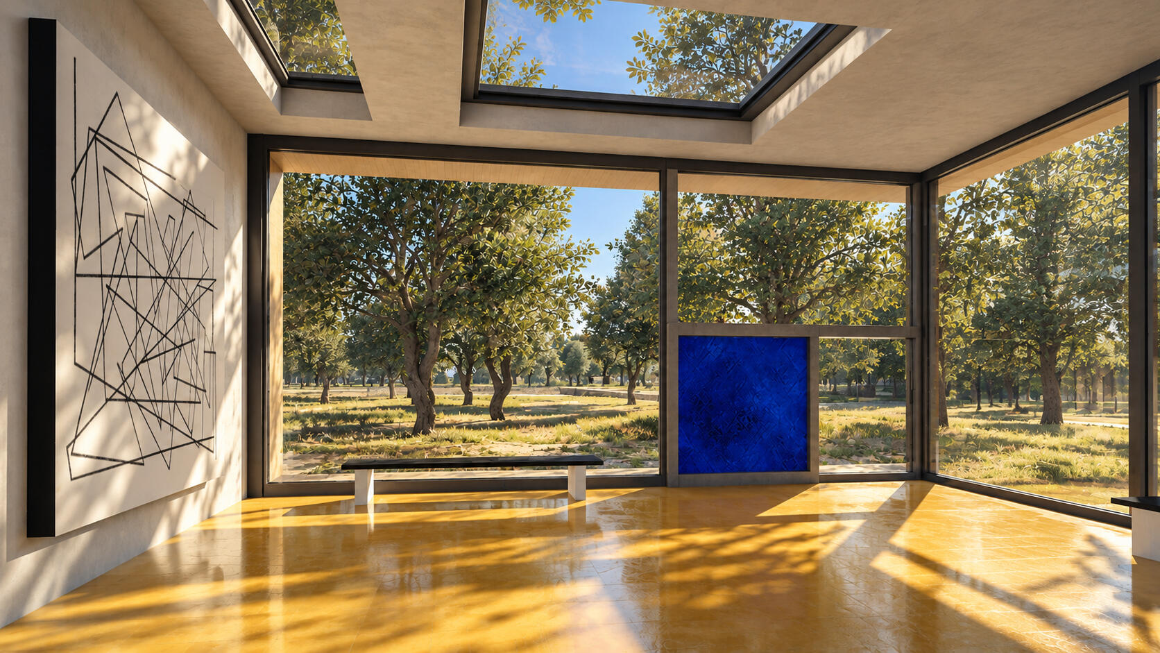 Photorealistic visualization of ArtByTotto's Findings on Mars digital gallery, featuring minimalist architecture, geometric artwork, expansive glass walls and natural light overlooking a tree-filled landscape.